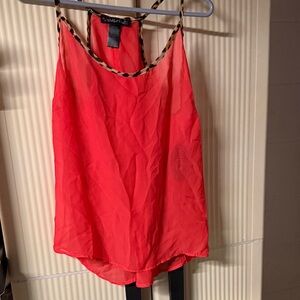 Wishful Park Red/Orange Sheer Cami with Leopard Trim